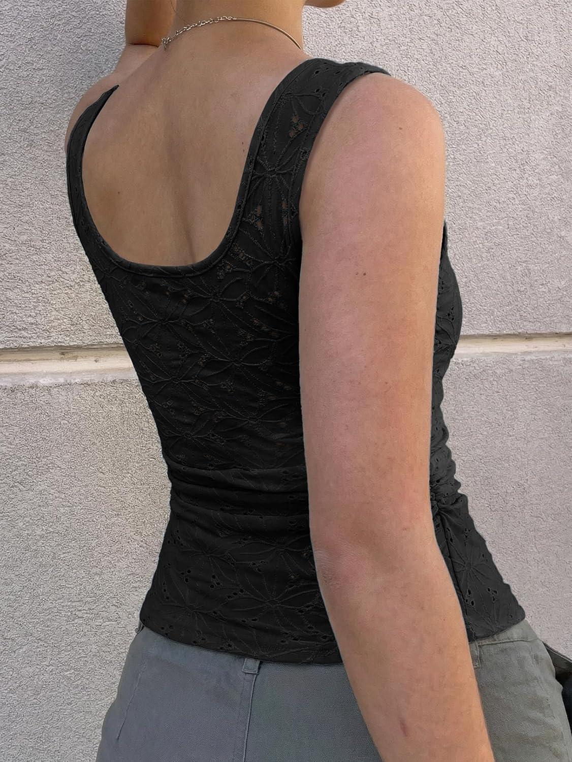 image:imageEMMIOL Womens V Neck Ribbed Crop Tank Tops Sleeveless Ruched Going Out Y2K Sexy Top Summer OutfitsBlack Floral