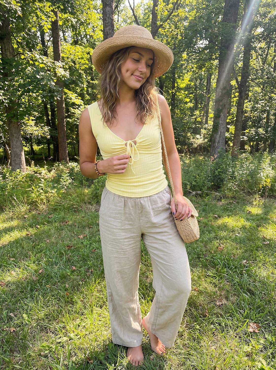image:imageEMMIOL Womens V Neck Ribbed Crop Tank Tops Sleeveless Ruched Going Out Y2K Sexy Top Summer OutfitsLight Yellow