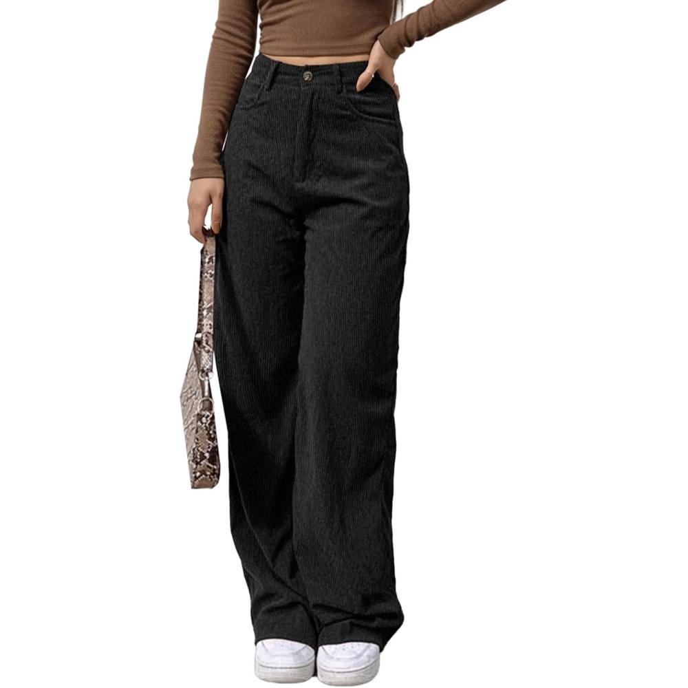 image:imageEMMIOL Corduroy Wide Leg Pants Women Casual Winter 2025 Elastic Waist Vintage Loose Trousers with PocketsBlack