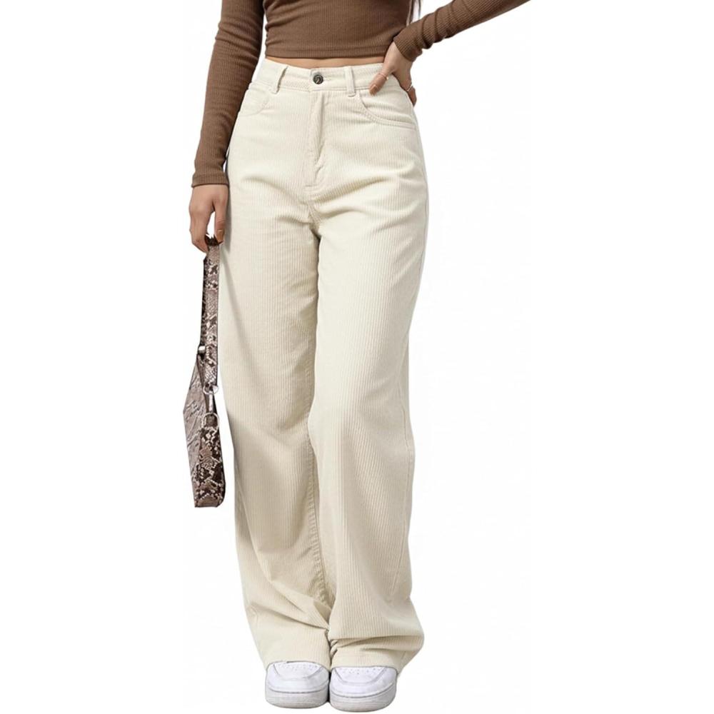 image:imageEMMIOL Corduroy Wide Leg Pants Women Casual Winter 2025 Elastic Waist Vintage Loose Trousers with PocketsCream White