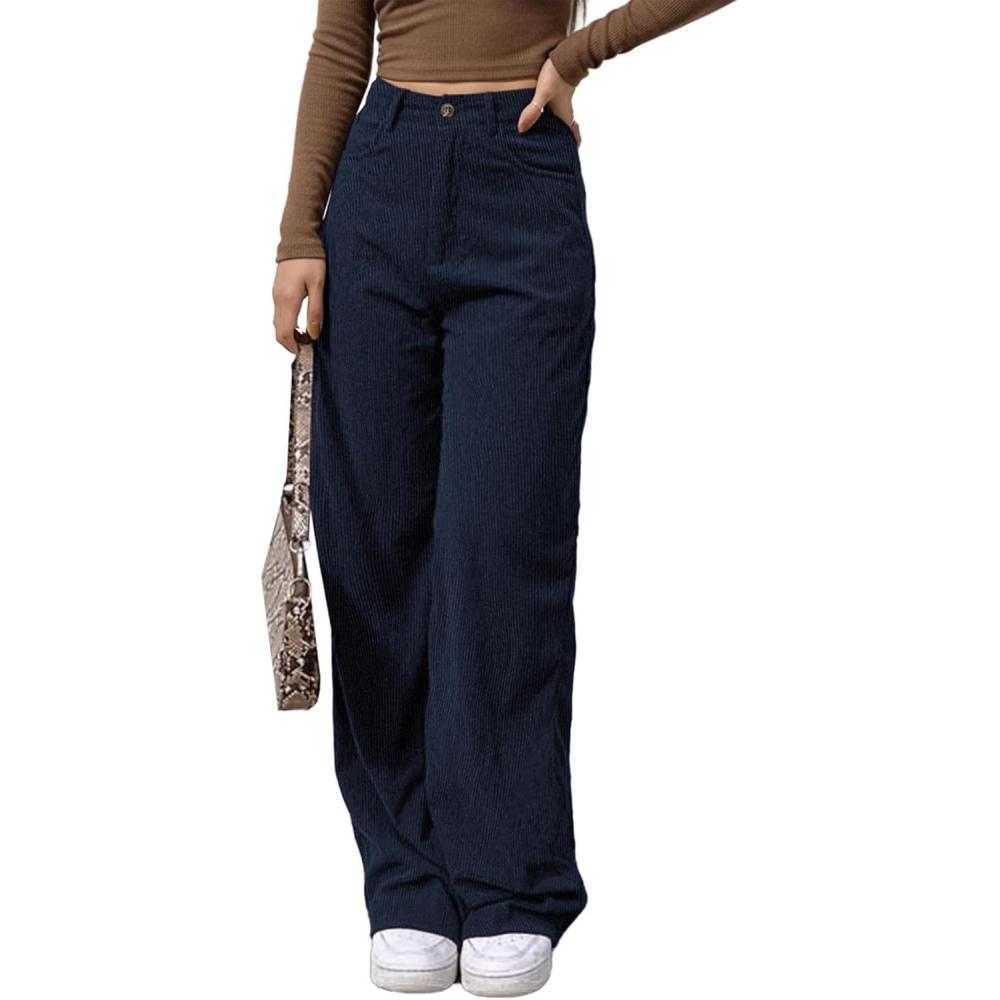 image:imageEMMIOL Corduroy Wide Leg Pants Women Casual Winter 2025 Elastic Waist Vintage Loose Trousers with PocketsNavy Blue