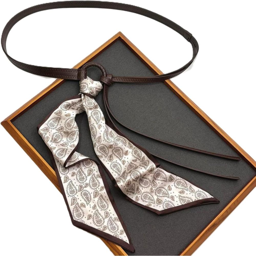image:imageEMMIOL Skinny Long Scarf Belts Women Y2K Silk Leather Waist Satin Sash Tie for Dress Jeans Pants Vintage Fashion AccessoryBrown