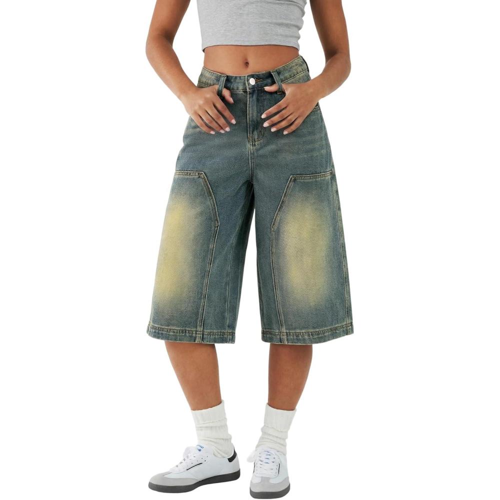 image:imageEMMIOL Women Baggy Jorts Y2k Wide Leg Denim Shorts Casual Knee Length Jean Jorts with Pockets 2025 Trendy StreetwearBlue