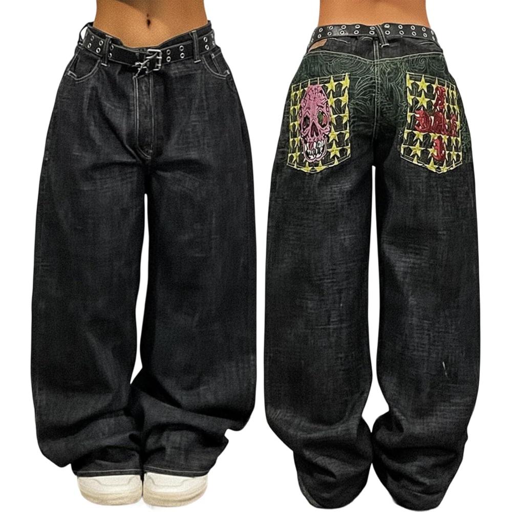image:imageEMMIOL Women Y2K 90S Hip Hop Baggy Jeans Boyfriend Wide Leg Denim Pants MidLow Rise Loose Streetwear OutfitsBlack160