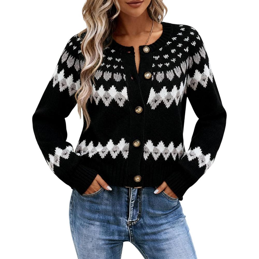 image:imageEMMIOL Womens Fair Isle Sweater Cropped Button Up Long Sleeve Cardigans Crewneck Knit Sweater Coats Fall WinterBlack