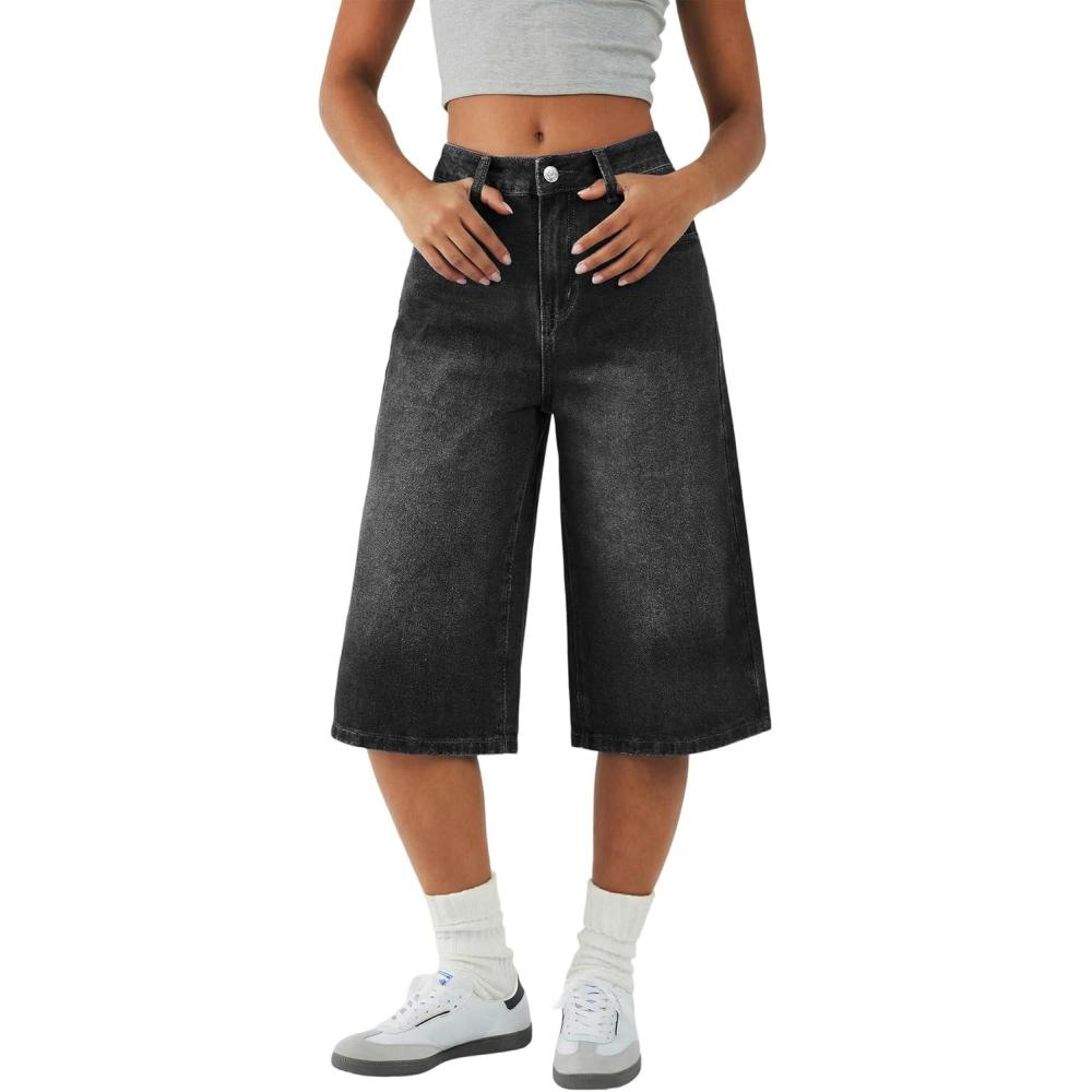 image:imageEMMIOL Womens Long Jorts Baggy Y2K Mid High Waisted Retro Jean Shorts Trendy Streetwear Wide Leg Denim BermudasDark Grey