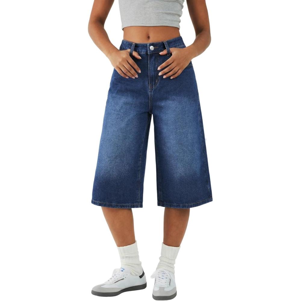 image:imageEMMIOL Womens Long Jorts Baggy Y2K Mid High Waisted Retro Jean Shorts Trendy Streetwear Wide Leg Denim BermudasDenim Blue