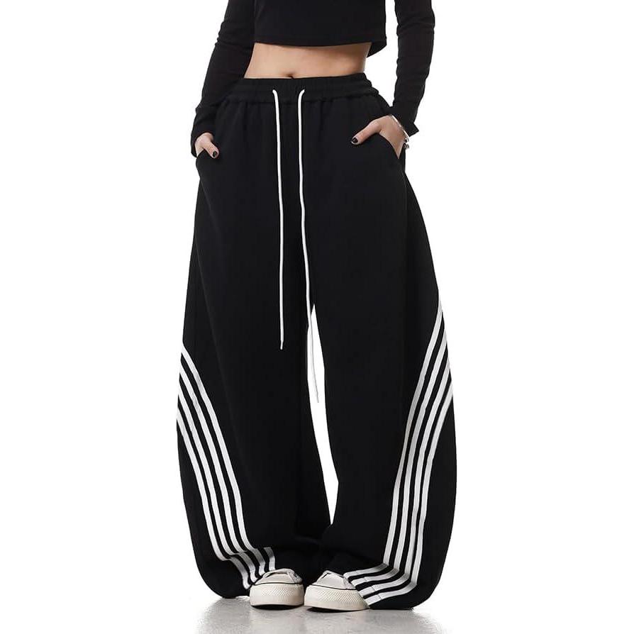 image:imageEMMIOL Womens Y2K Baggy Striped Sweatpants High Waisted Wide Leg Casual Pants Joggers with Drawstring Waist and CuffsBlack