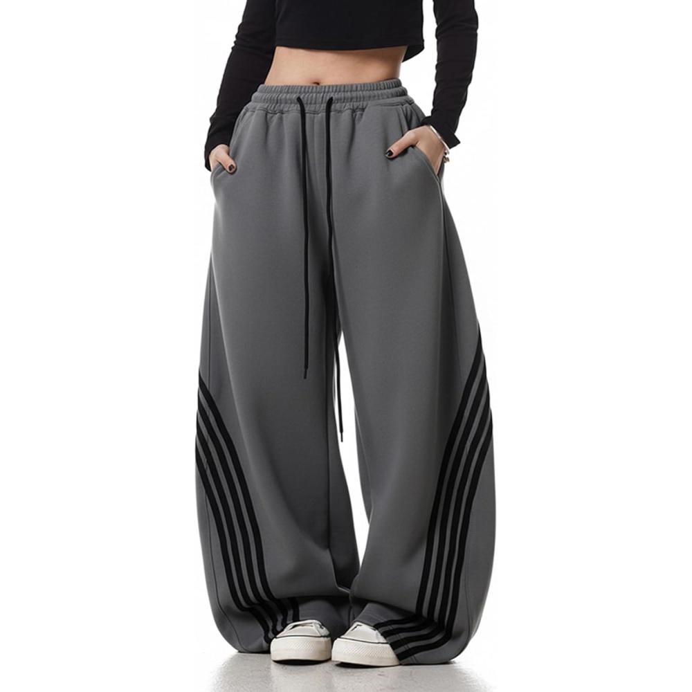image:imageEMMIOL Womens Y2K Baggy Striped Sweatpants High Waisted Wide Leg Casual Pants Joggers with Drawstring Waist and CuffsGrey