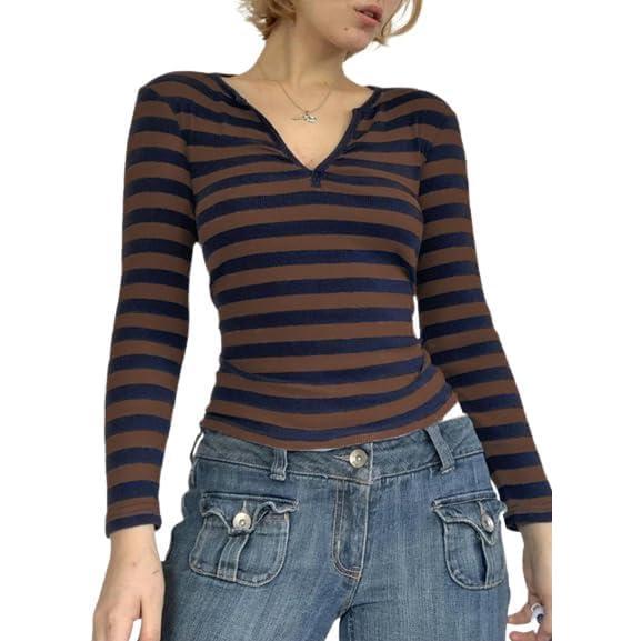 image:imageStriped Vintage Long Sleeve Crop Tops Coquette Aesthetic Clothes V Neck Y2K Shirts for Women1brown