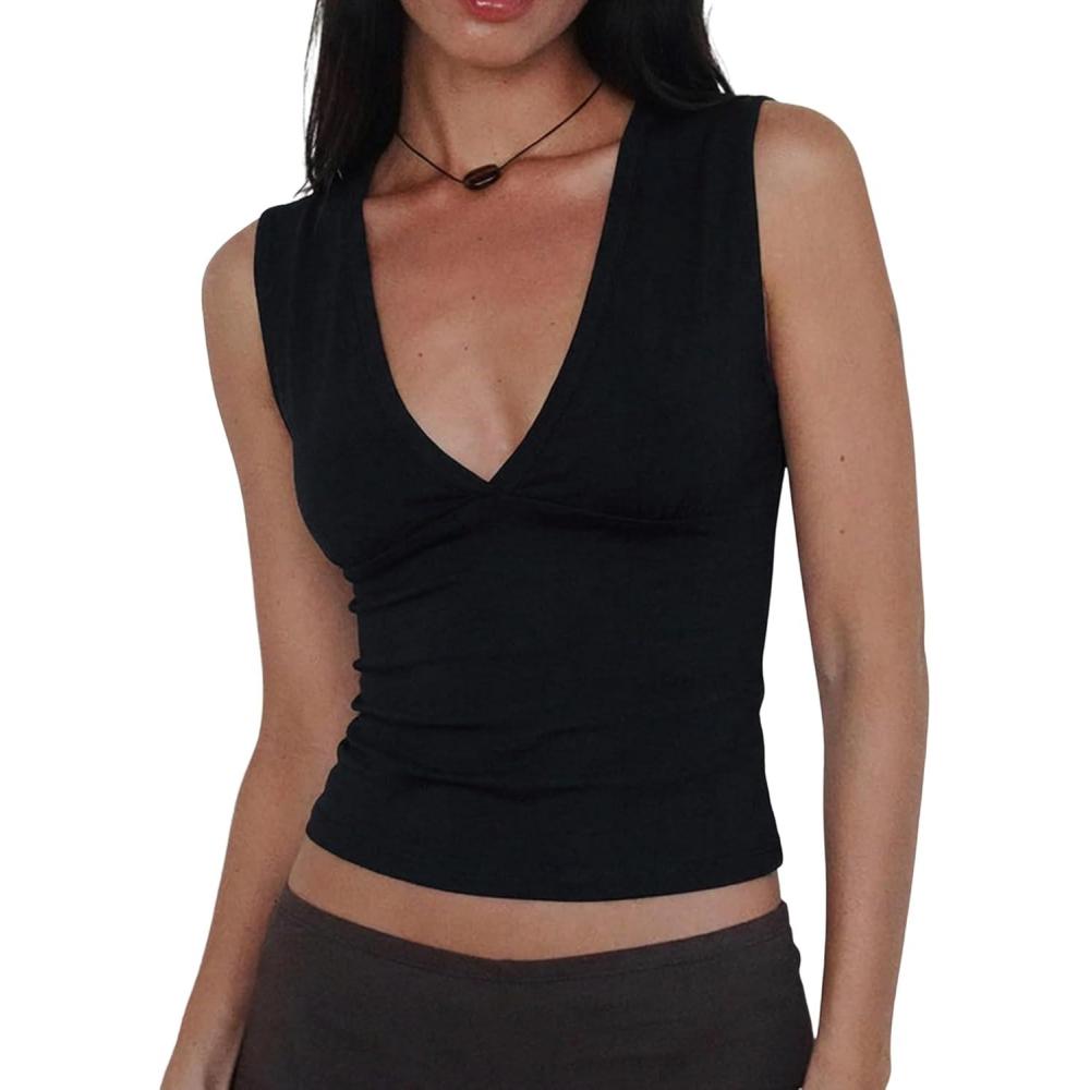 image:imageWomen Deep V Neck Tops Sexy Sleeveless Crop Top Stretchy Trendy Going Out Tank Top Cute Summer ClothesBlack