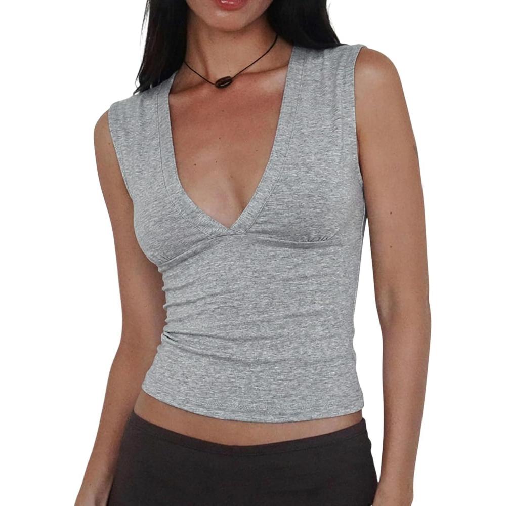 image:imageWomen Deep V Neck Tops Sexy Sleeveless Crop Top Stretchy Trendy Going Out Tank Top Cute Summer ClothesGrey