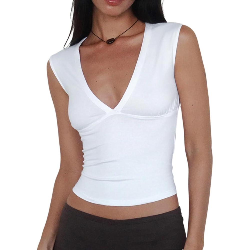 image:imageWomen Deep V Neck Tops Sexy Sleeveless Crop Top Stretchy Trendy Going Out Tank Top Cute Summer ClothesWhite
