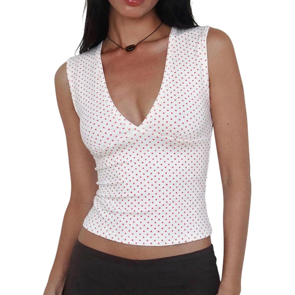 image:imageWomen Deep V Neck Tops Sexy Sleeveless Crop Top Stretchy Trendy Going Out Tank Top Cute Summer ClothesWhitepolka Dots
