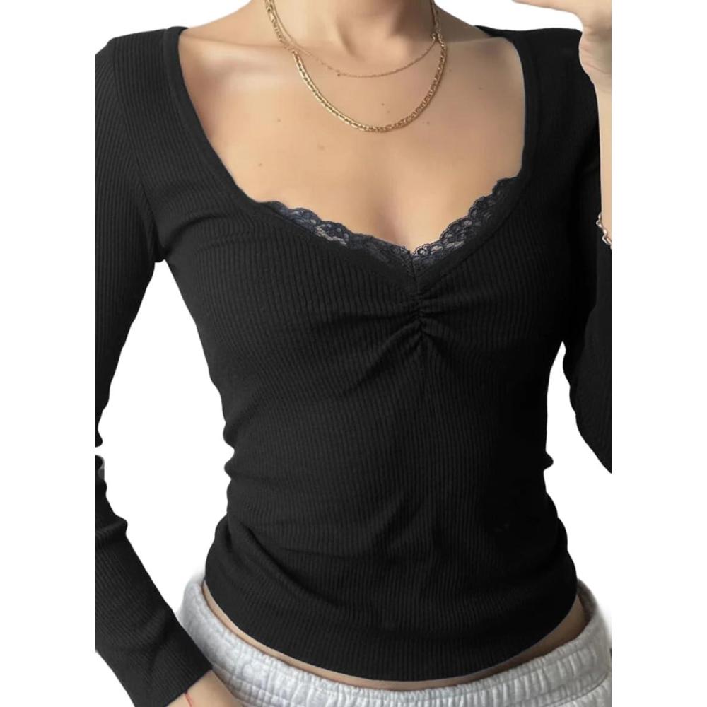 image:imageWomens Tops Long Sleeve Ribbed Shirts Lace V Neck Sexy Slim Fit Blouse
