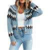 EMMIOL Womens Fair Isle Sweater Cropped Button Up Long Sleeve Cardigans Crewneck Knit Sweater Coats Fall Winter(Blue)