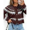 EMMIOL Womens Fair Isle Sweater Cropped Button Up Long Sleeve Cardigans Crewneck Knit Sweater Coats Fall Winter(Brown)
