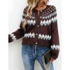 EMMIOL Womens Fair Isle Sweater Cropped Button Up Long Sleeve Cardigans Crewneck Knit Sweater Coats Fall Winter(Brown)