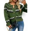 EMMIOL Womens Fair Isle Sweater Cropped Button Up Long Sleeve Cardigans Crewneck Knit Sweater Coats Fall Winter(Green)