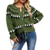 EMMIOL Womens Fair Isle Sweater Cropped Button Up Long Sleeve Cardigans Crewneck Knit Sweater Coats Fall Winter(Green)