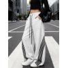EMMIOL Women’s Y2K Baggy Striped Sweatpants, High Waisted Wide Leg Casual Pants, Joggers with Drawstring Waist and Cuffs(Light Gray)