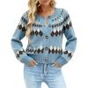 EMMIOL Womens Fair Isle Sweater Cropped Button Up Long Sleeve Cardigans Crewneck Knit Sweater Coats Fall Winter(Blue)