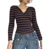 Striped Vintage Long Sleeve Crop Tops Coquette Aesthetic Clothes V Neck Y2K Shirts for Women(1-brown)