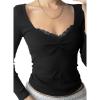 Womens Tops Long Sleeve Ribbed Shirts Lace V Neck Sexy Slim Fit Blouse