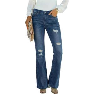 EMMIOL Women Flared Jeans Mid-High Waist Jeans Y2K 90s Denim Pants(C-dark Blue-high Rise)