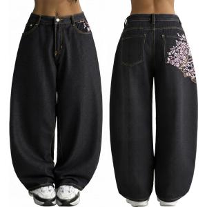 EMMIOL Women Y2K 90S Hip Hop Baggy Jeans Boyfriend Wide Leg Denim Pants Mid-Low Rise Loose Streetwear Outfits(Black-198)