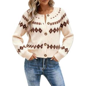 EMMIOL Womens Fair Isle Sweater Cropped Button Up Long Sleeve Cardigans Crewneck Knit Sweater Coats Fall Winter(Apricot)