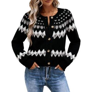 EMMIOL Womens Fair Isle Sweater Cropped Button Up Long Sleeve Cardigans Crewneck Knit Sweater Coats Fall Winter(Black)
