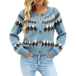 EMMIOL Womens Fair Isle Sweater Cropped Button Up Long Sleeve Cardigans Crewneck Knit Sweater Coats Fall Winter(Blue)