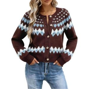 EMMIOL Womens Fair Isle Sweater Cropped Button Up Long Sleeve Cardigans Crewneck Knit Sweater Coats Fall Winter(Brown)