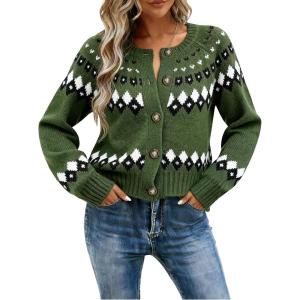 EMMIOL Womens Fair Isle Sweater Cropped Button Up Long Sleeve Cardigans Crewneck Knit Sweater Coats Fall Winter(Green)