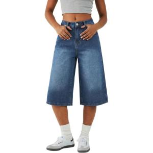 EMMIOL Womens Long Jorts Baggy Y2K Mid High Waisted Retro Jean Shorts Trendy Streetwear Wide Leg Denim Bermudas(Blue)