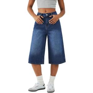 EMMIOL Womens Long Jorts Baggy Y2K Mid High Waisted Retro Jean Shorts Trendy Streetwear Wide Leg Denim Bermudas(Denim Blue)
