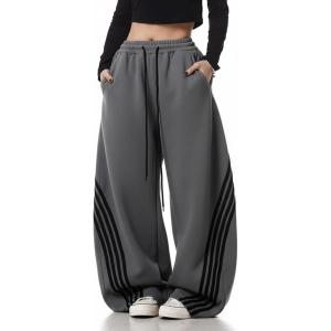 EMMIOL Women’s Y2K Baggy Striped Sweatpants, High Waisted Wide Leg Casual Pants, Joggers with Drawstring Waist and Cuffs(Grey)