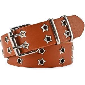 EMMIOL Y2K Women Belts for Jeans, Ladies Leather Belt Trendy Goth Star with Silvery Buckle, Waist Belt Punk for Dress(Camel-star)