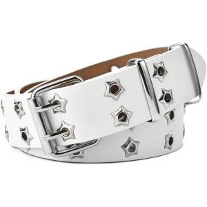 EMMIOL Y2K Women Belts for Jeans, Ladies Leather Belt Trendy Goth Star with Silvery Buckle, Waist Belt Punk for Dress(White-star)
