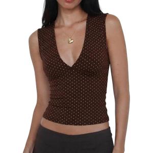 Women Deep V Neck Tops Sexy Sleeveless Crop Top Stretchy Trendy Going Out Tank Top Cute Summer Clothes(Brown-polka Dots)