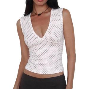Women Deep V Neck Tops Sexy Sleeveless Crop Top Stretchy Trendy Going Out Tank Top Cute Summer Clothes(White-polka Dots)