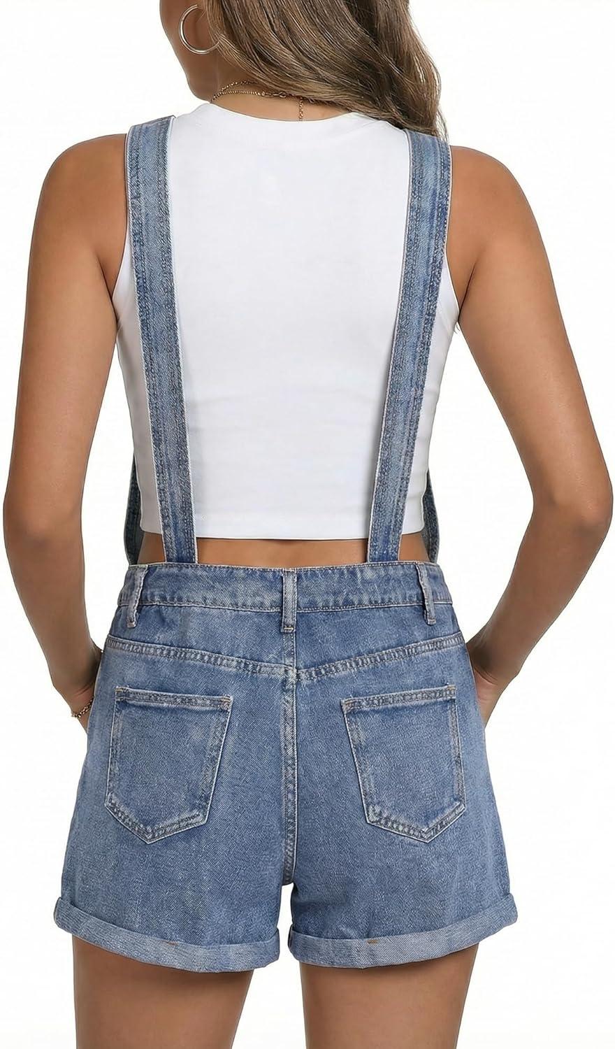 image:imageEMMIOL Denim Overalls Shorts for WomenY2k Vintage Jean Shortalls 90s Style Bib JumpsiutLoose Fit Cuffed Hem RompersBlue