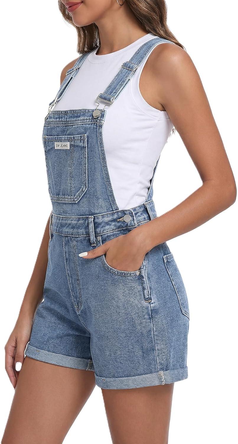 image:imageEMMIOL Denim Overalls Shorts for WomenY2k Vintage Jean Shortalls 90s Style Bib JumpsiutLoose Fit Cuffed Hem RompersBlue