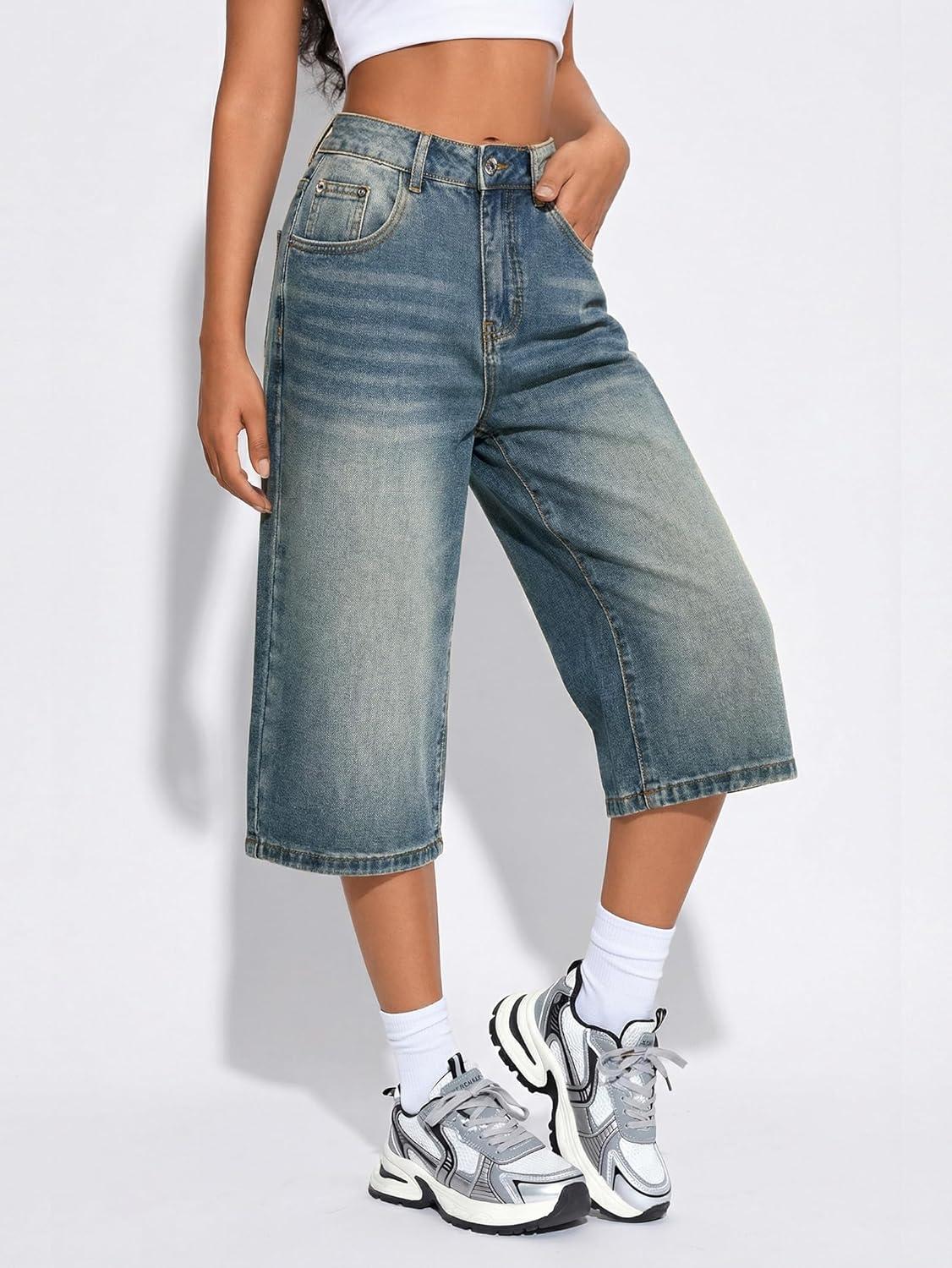image:imageEMMIOL Women Baggy Jorts Y2k Wide Leg Denim Shorts Casual Knee Length Jean Jorts with Pockets 2026 Trendy Streetwear216vintage Blue