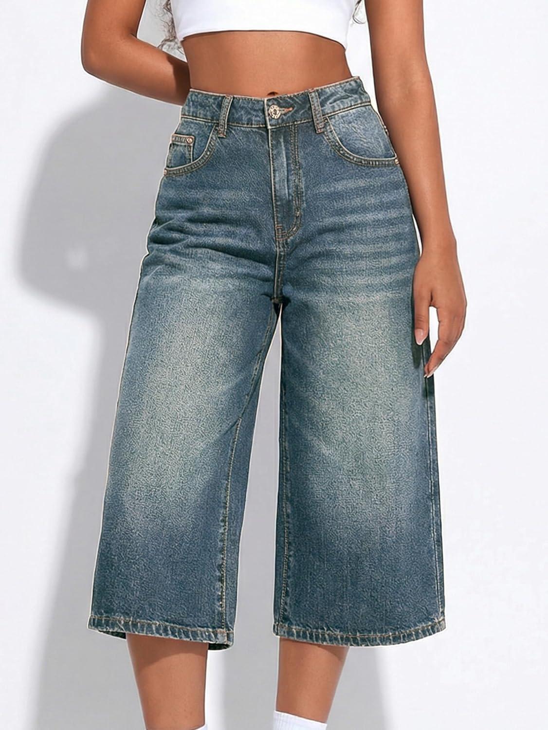 image:imageEMMIOL Women Baggy Jorts Y2k Wide Leg Denim Shorts Casual Knee Length Jean Jorts with Pockets 2026 Trendy Streetwear216vintage Blue