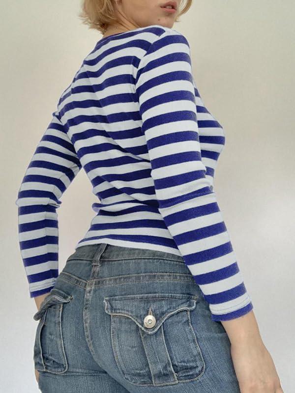 image:imageWomens Going Out Tops Striped Tights Y2K Tee Casual V Neck Button Down Slim Basic Tunic Blouse Sky Blue