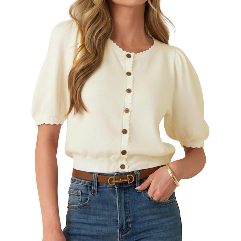 image:imageCardigan Sweaters for Women Short Puff Sleeve Button Down Cardigans Lightweight Crew Neck Knit TopsApricot