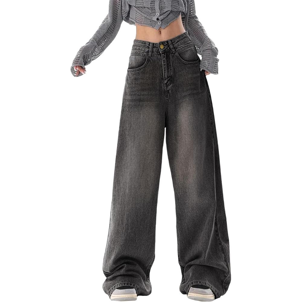 image:imageEMMIOL Baggy Jeans for Women Wide Leg Mid Waist Y2K Boyfriend Denim Pants Casual Stretch Trousers with Pocket StreetwearBlack