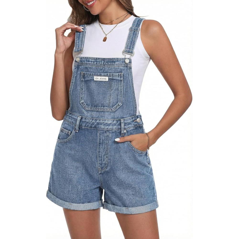 image:imageEMMIOL Denim Overalls Shorts for WomenY2k Vintage Jean Shortalls 90s Style Bib JumpsiutLoose Fit Cuffed Hem RompersBlue